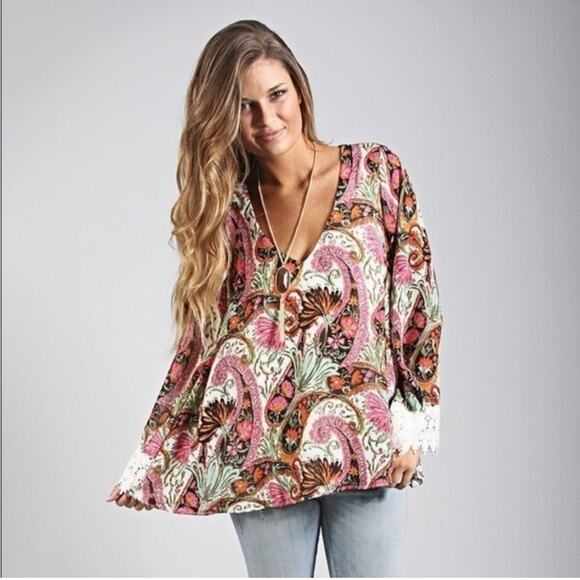 Show Me Your MuMu Tops - Show Me Your Mumu Mal cream brown pink paisley print boho top Extra Small XS